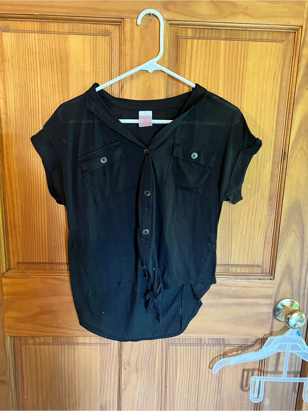 No Boundaries Black Button-Front Tie Hem Blouse